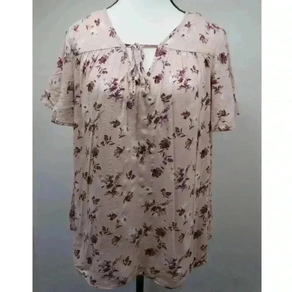 Como Blu V-Neck Short Sleeve Floral Blouse Top, Size L